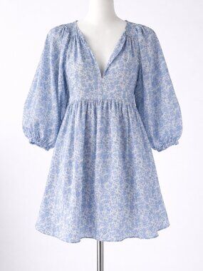 Women's Fanco Blue White Floral Puff Sleeve Dress Size L